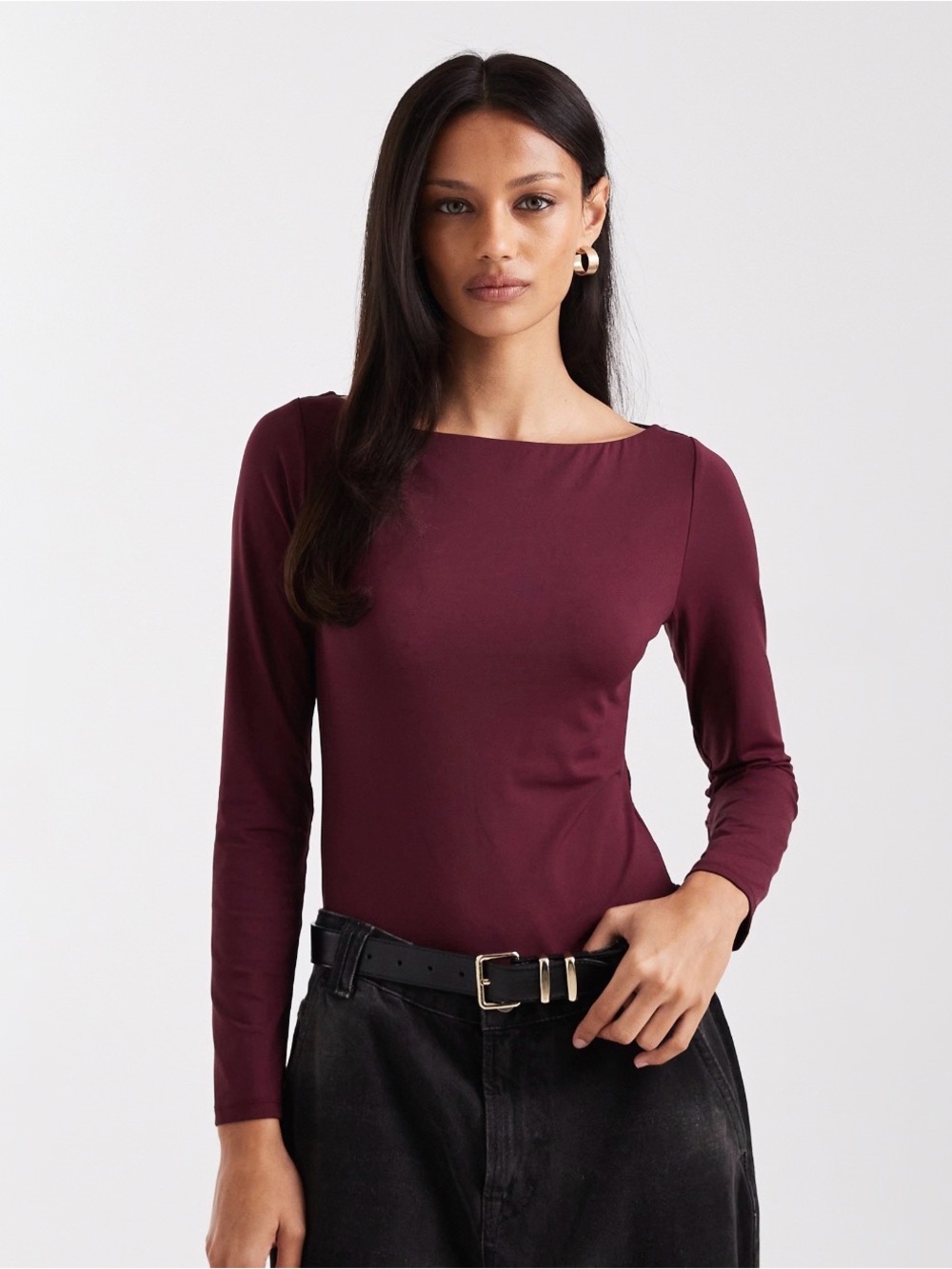 H&M Women's Long-Sleeve Boatneck Bodysuit in Burgundy